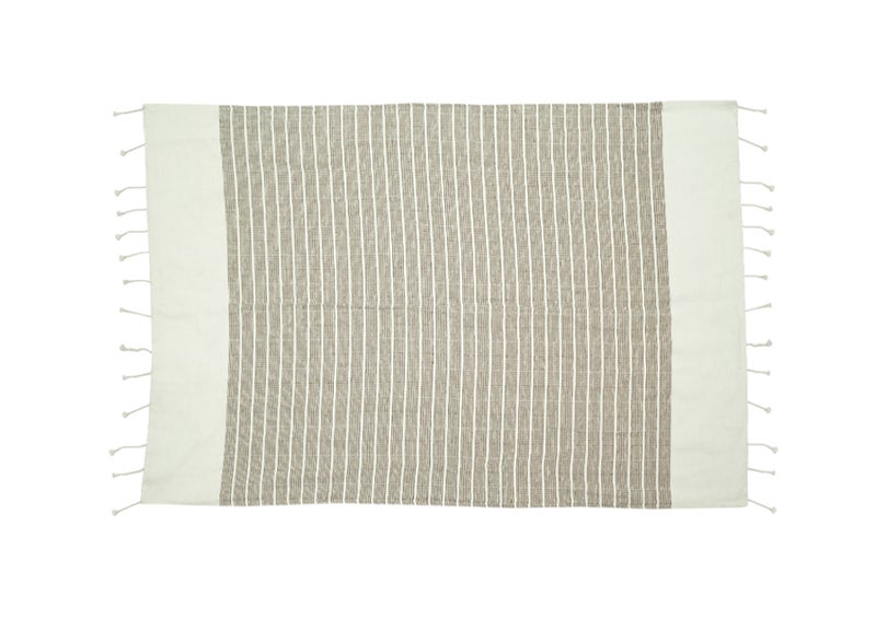 Ambrosia منشفة فوطا تركية مخططة من بولي قطن 90x180 سم باللون البني والأبيض الكريمي، خفيفة الوزن وسريعة الجفاف، مثالية للشاطئ والاستحمام والسفر والنزهات مع حواف مربوطة يدويًا. - Image 1